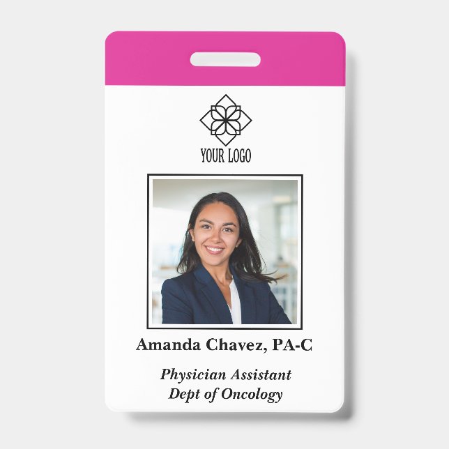 Tarjeta De Identificación Vertical Pink Custom Employee ID Photo Name (Front)