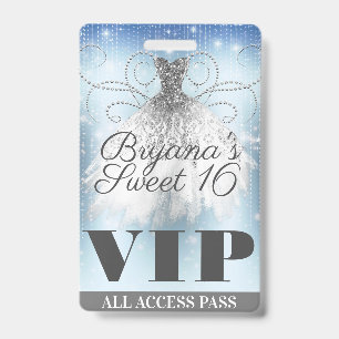 Tarjeta De Identificación Vestido Gris Azul Brillo Plateado Pase VIP Sweet 1