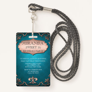 Tarjeta De Identificación Vintage Verde azulado Tan Scroll Sweet 16 Birthday