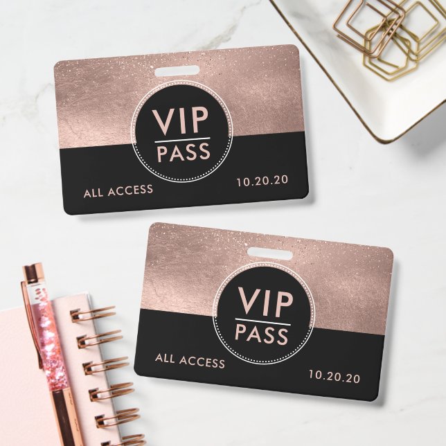 Tarjeta De Identificación VIP All Access Event Metallic Rose Gold Glitter (Office)