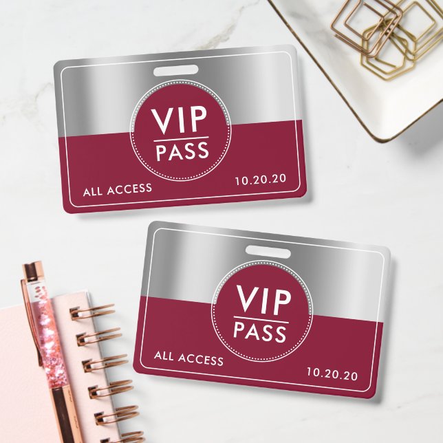 Tarjeta De Identificación VIP All Access Event Metallic Silver Burgundy (Office)