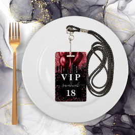 Tarjeta De Identificación Vip purpurina de globos rojos negros de cumpleaños