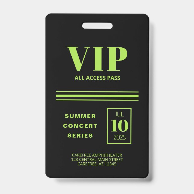 Tarjeta De Identificación VIP Todo Acceso Verde Fluorescente (Parte frontal)