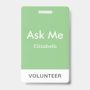 Tarjeta De Identificación Voluntario Personalizado Verde Sage Simple Pregúnt