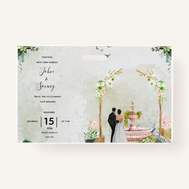 Tarjeta De Identificación Whimsical Floral Garden Wedding Invitation – Elega (Anverso)