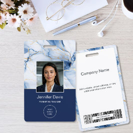 Tarjeta De Identificación White Marble Navy Blue Gold Custom Name Badge