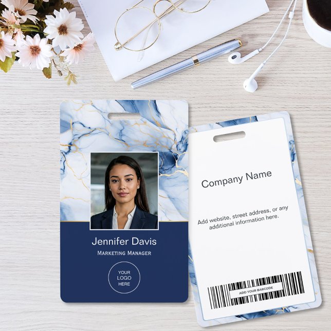Tarjeta De Identificación White Marble Navy Blue Gold Custom Name Badge (Subido por el creador)