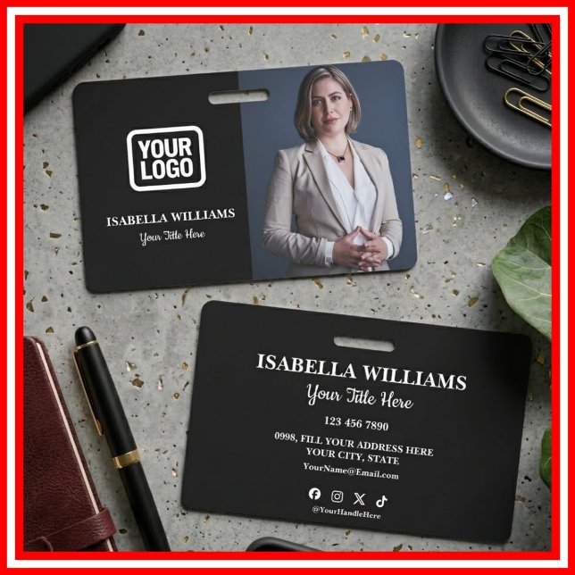 Tarjeta De Identificación Your Logo Here Modern Black Photo Staff Name (Subido por el creador)