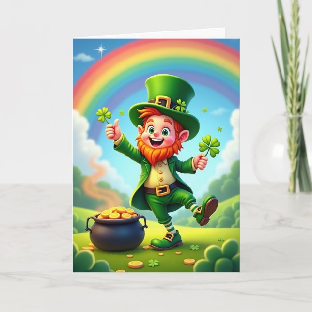 Tarjeta de ilustración de buena suerte del duende (Anverso)
