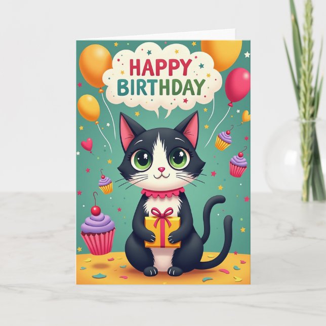 Tarjeta de ilustración de gato alegre (Anverso)
