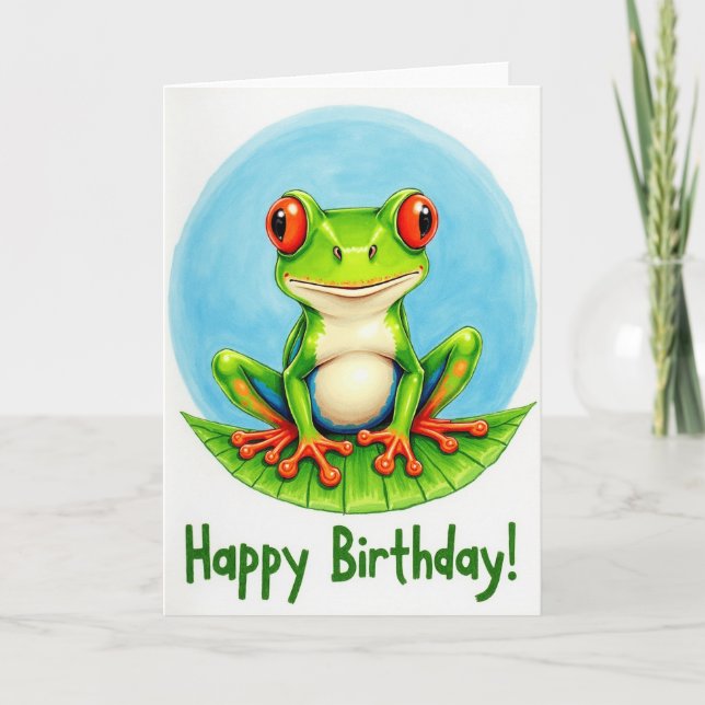 Tarjeta de ilustración de rana de cumpleaños alegr (Anverso)