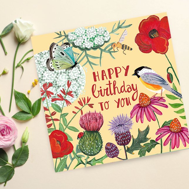 Tarjeta de ilustración del jardín de flores silves (Happy Birthday Wildflower Garden Illustration Card)