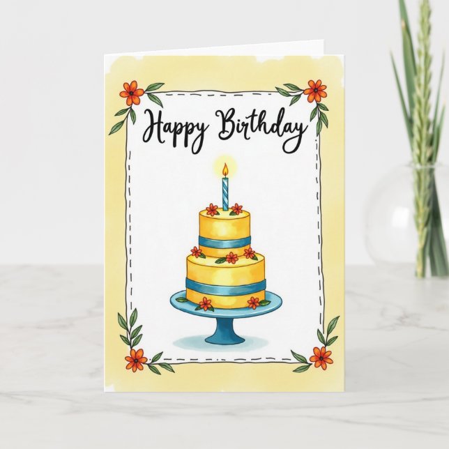Tarjeta de imagen de pastel de cumpleaños floral (Anverso)