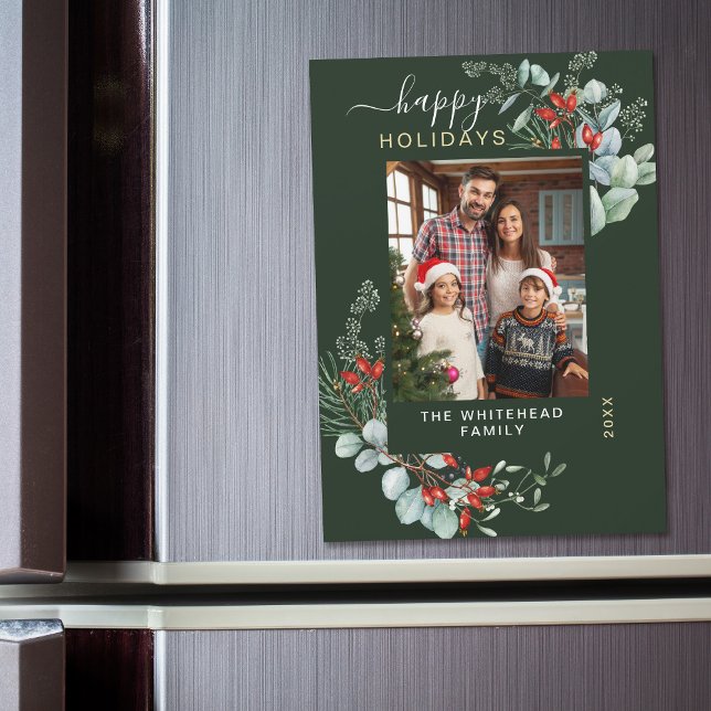 Tarjeta de imán de foto botánica verde moderna de  (You will love these beautiful Christmas cards! They feature botanical watercolor pine and berries.)