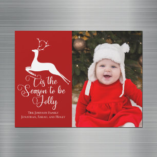 Tarjeta de imán de foto de Navidad de reno rojo he