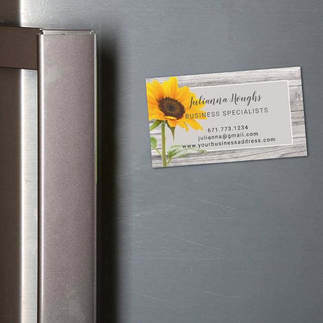 Tarjeta de imán de negocio de girasol de impresión (Rustic Wood Print Sunflower Business Magnet Card)