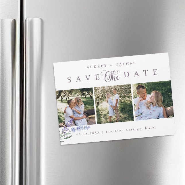 Tarjeta de Iman para Guardar la Fecha con 3 Fotos  (Lavender Flower 3 Photos Save The Date Magnet Card)