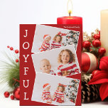 Tarjeta de imán para Navidades de fotos familiares<br><div class="desc">Tarjeta magnética de collage de fotos de Navidades rojos modernos con 3 fotos de niños en un divertido patrón de instantánea superpuesta con borde blanco y la palabra Joyful escrito verticalmente por un lado. Encuentra tus tres fotos favoritas para esta linda tarjeta de imán de vacaciones familiares.</div>