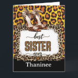 Tarjeta de Impresión de Animal Leopardo para Herma<br><div class="desc">Muestra tu amor a tu hermana con nuestra Tarjeta de Impresión de Animal Leopardo, la forma perfecta de celebrar su cumpleaños o cualquier ocasión especial. Con un diseño atrevido y chic de impresión de leopardo, esta tarjeta se puede personalizar con un mensaje personalizado, lo que la convierte en una forma...</div>