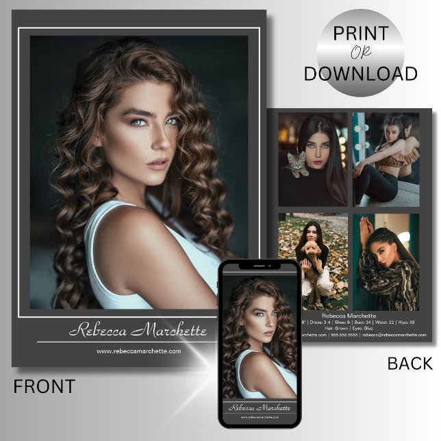 Tarjeta de impresión de foto de modelaje Descargar (Customize this double-sided model comp card with your name, stats, contact info, and five photos)