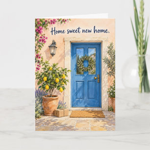 Tarjeta de inauguración de casa con puerta azul Ho