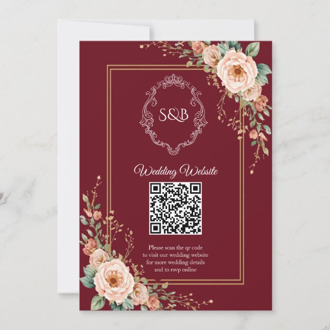 Tarjeta de inclusión de boda con código QR y monog (Anverso)