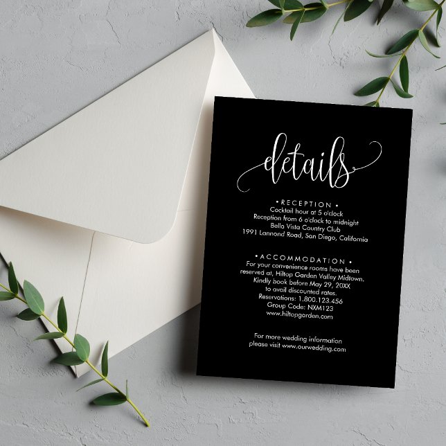 Tarjeta de Inclusión de Boda Elegante en Blanco y  (Elegant black and white enclosure card keeps wedding details clear with timeless style)