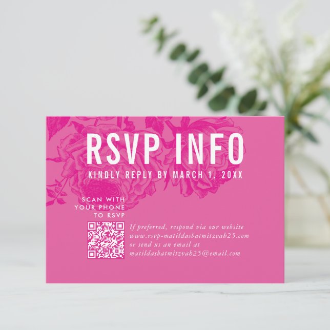 TARJETA DE INFO RSVP bonito floral moderno codigo  (Anverso de pie)