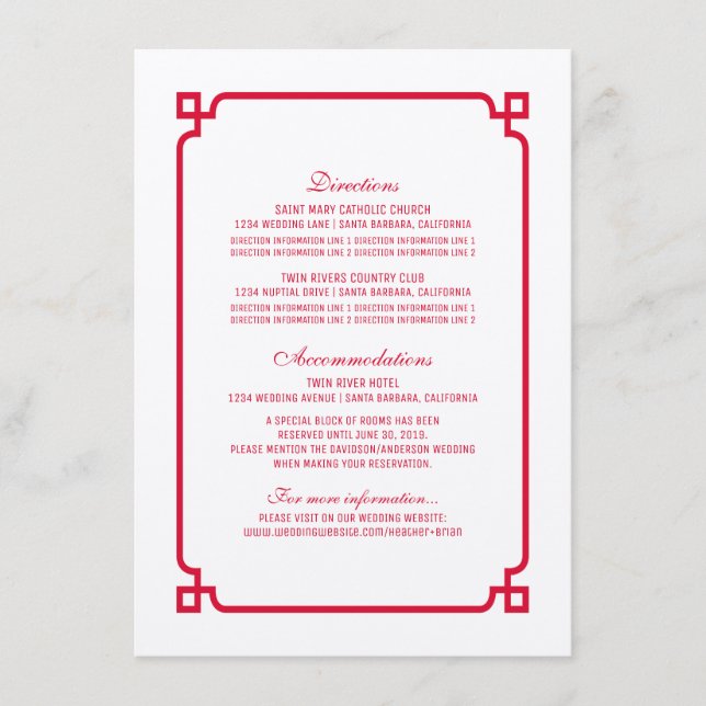 Tarjeta de información Boda de Moda de Deco Rojo (Anverso)