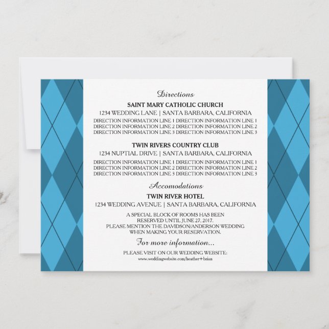 Tarjeta de información de boda Argyle azul (Anverso)