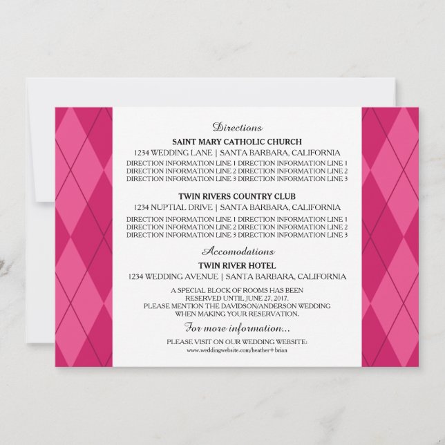 Tarjeta de información de boda Argyle rosa (Anverso)