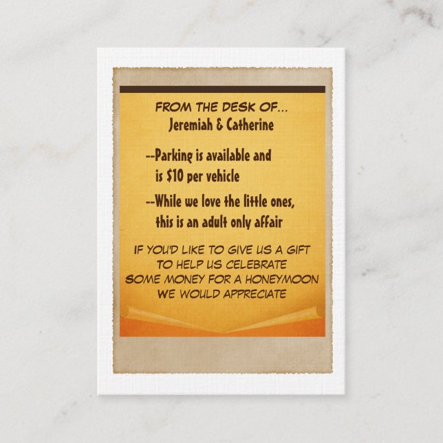 Tarjeta de información de Boda de aventuras de vin (Anverso)