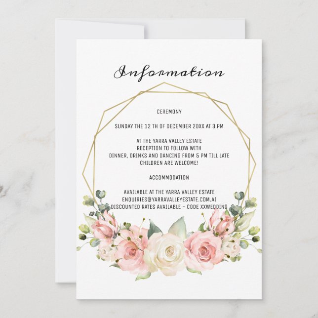 Tarjeta de información de boda elegante. (Anverso)