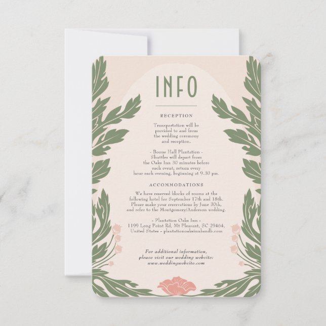 Tarjeta de información de Boda floral verde rosa (Anverso)