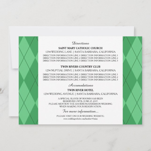 Tarjeta de Información de Boda Green Argyle (Anverso)