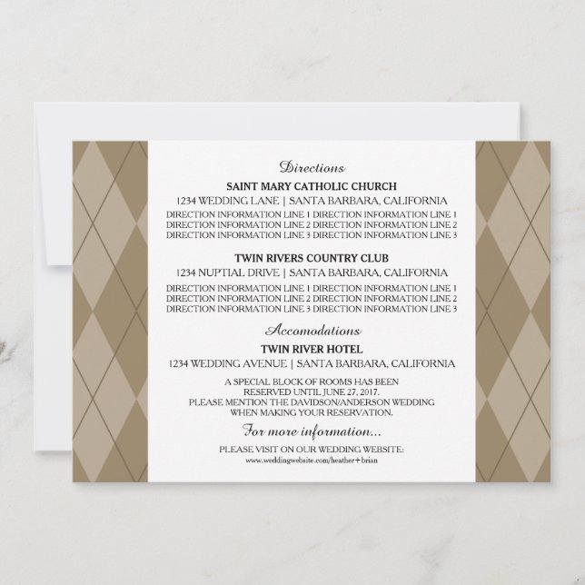 Tarjeta de Información de Boda Mocha Argyle (Anverso)