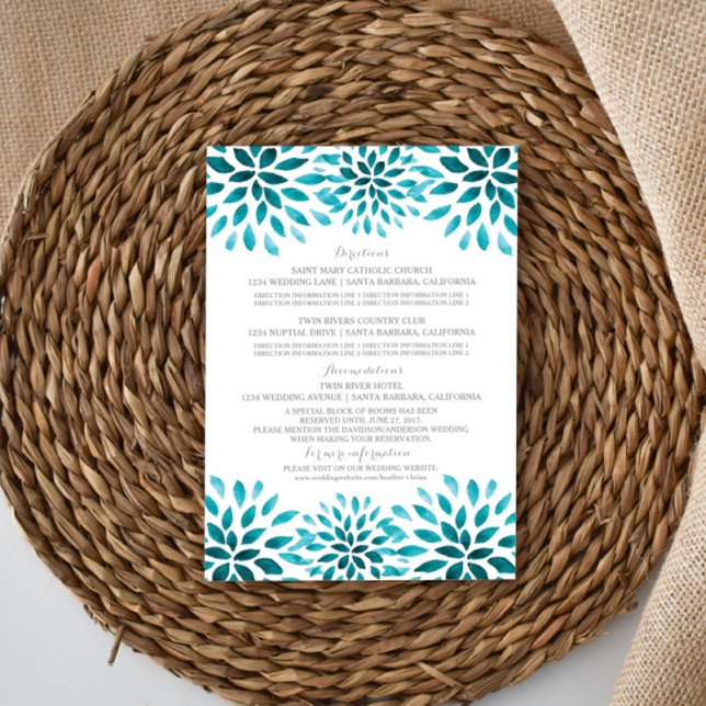Tarjeta de información de Crisantemo acuarela azul (Teal Watercolor Chrysanthemum Wedding Information Card)