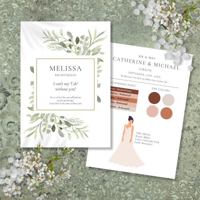 Tarjeta de información de dama de honor con follaj (Greenery Foliage Bridesmaid Wedding Info Card)