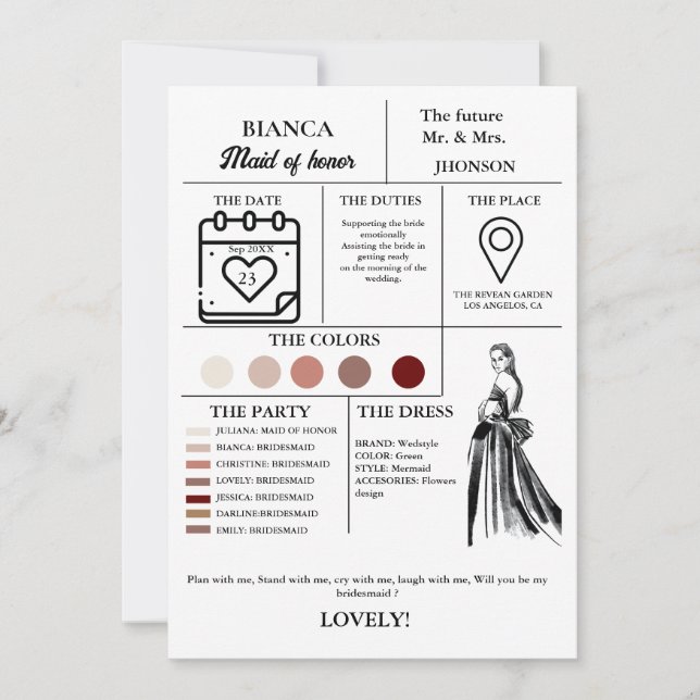 Tarjeta de información de dama de honor moderna pa (Anverso)