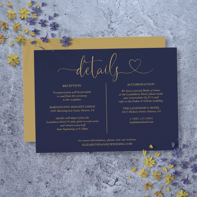 Tarjeta de información de detalles de guiones azul (Navy Blue And Gold Script Details Information Card)