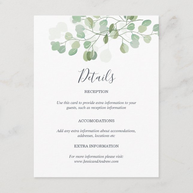 Tarjeta de información de invitado Eucalyptus Boda (Anverso)