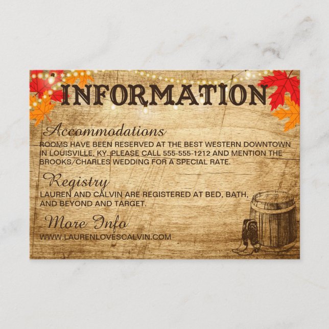Tarjeta de información de la boda de otoño para el (Anverso)