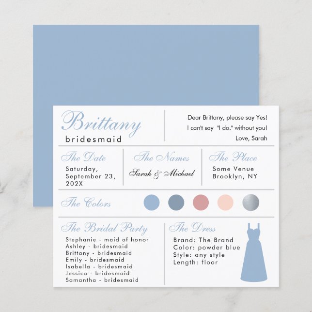 Tarjeta de información de la dama de honor de la p (Anverso / Reverso)