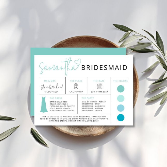 Tarjeta de información de la dama de honor de vera (Summer Bridesmaid Info Card, Bridal Party Guide Invitation)