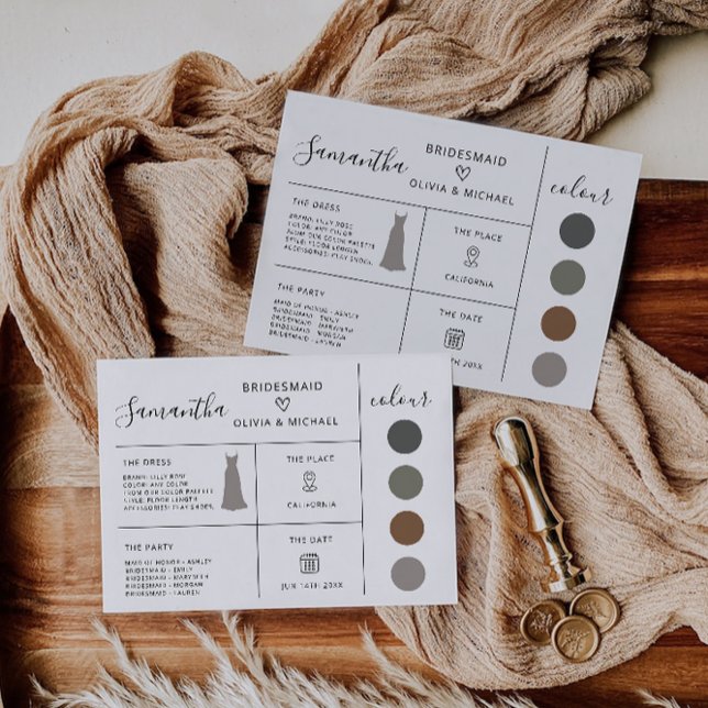 Tarjeta de información de la dama de honor, fiesta (Bridesmaid Info Card, Minimalist Bridal Party Invitation)