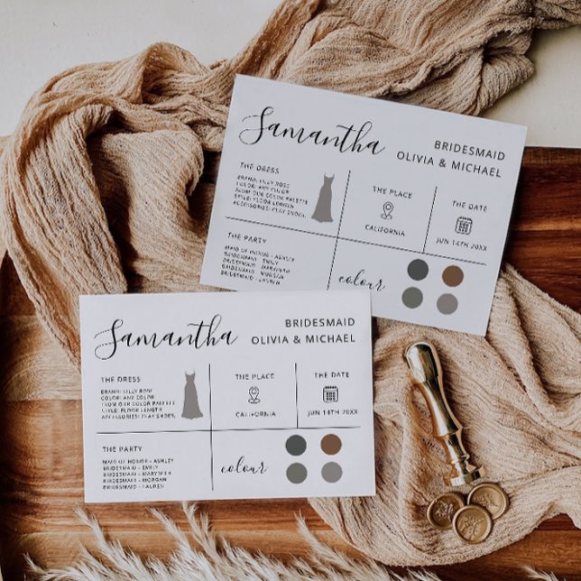 Tarjeta de información de la dama de honor, fiesta (Bridesmaid Information Card, Bridal Party Invitation)
