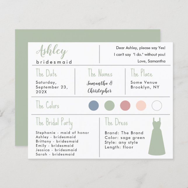 Tarjeta de información de la dama de honor Sage Gr (Anverso / Reverso)