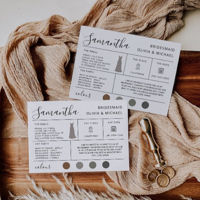 Tarjeta de información de la dama de honor, tarjet (Bridesmaid Information Card, Bridal Proposal Card, Invitation)