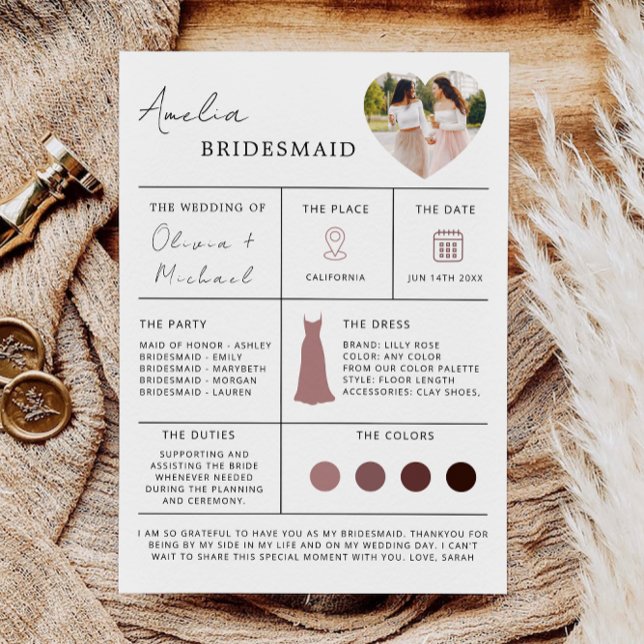 Tarjeta de información de la dama de honor, tarjet (Bridesmaid Info Card, Bridesmaid Information Card, Invitation)