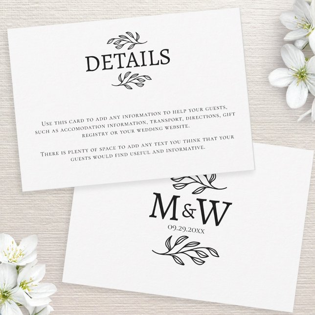 Tarjeta de información de las Iniciales de Monogra (Wedding details information enclosure card with couple monogram initials and botanical leaf line art)